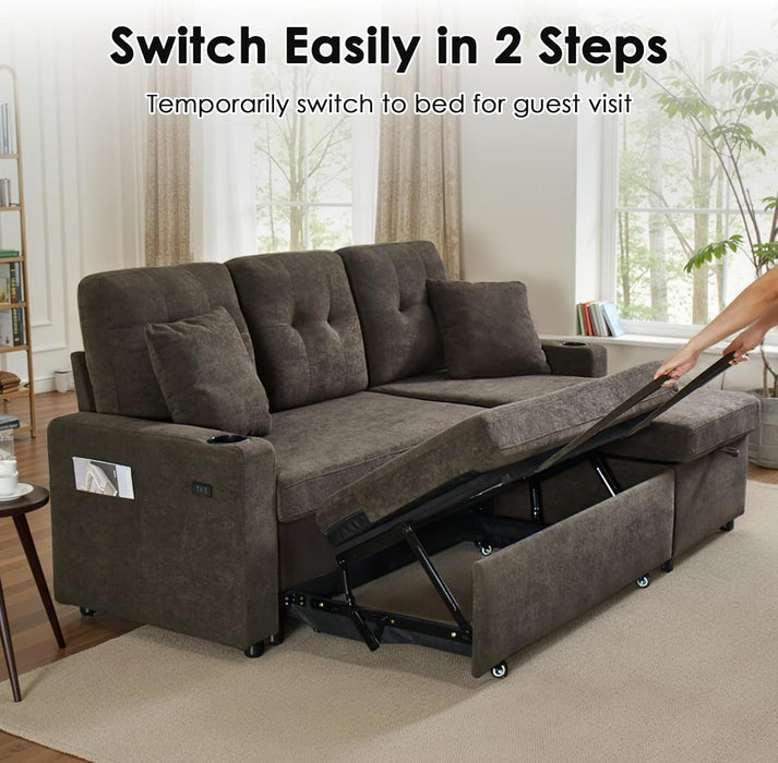 DarkGreyMicrofiber Reversible Sectional Sofa Bed With USB
