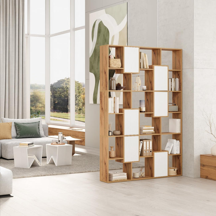 , Iacopo L Bookcase Rustic Oak with Ashwood White Doors (63.3 X 123.8 In), Made in Italy