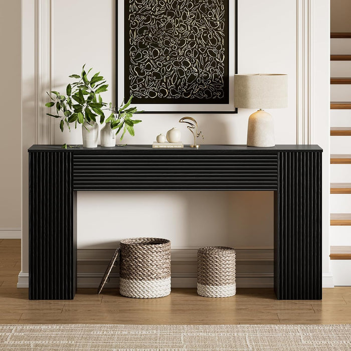 61'' Fluted Long Console Table, Wooden Rectangular Sofa Table behind the Couch, Narrow Entryway Table with 2 Hidden Storage Cabinets for Entrance, Hallway, Living Room, Foyer, Black