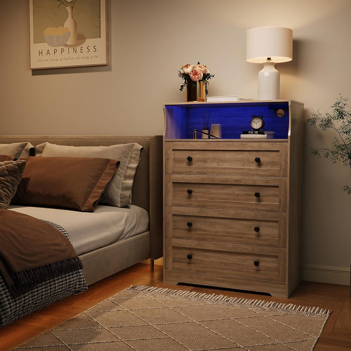 Tall Dressers with 4 Drawer Storage and LED Lights, Gray Wood Chest of Drawers with Charging Station for Bedroom, Living Room, Closet, Hallway, Wooden Nightstand Dresser for Bedside