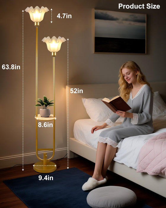 Dimmable Flower Floor Lamp with Table for Living Room, Modern Mid Century Gold Metal Tall Standing Lamp with 5Lbs Heavy Base for Bedroom/Sofa Beside/Corner Decor (Bulb Included)