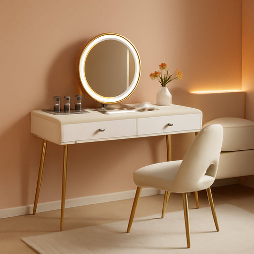 Vanity Desk with Mirror and Lights| 39" Beige Modern Makeup Vanity Set with Drawers & Adjustable Chair| White and Gold Dressing Table for Small Spaces & Bedroom