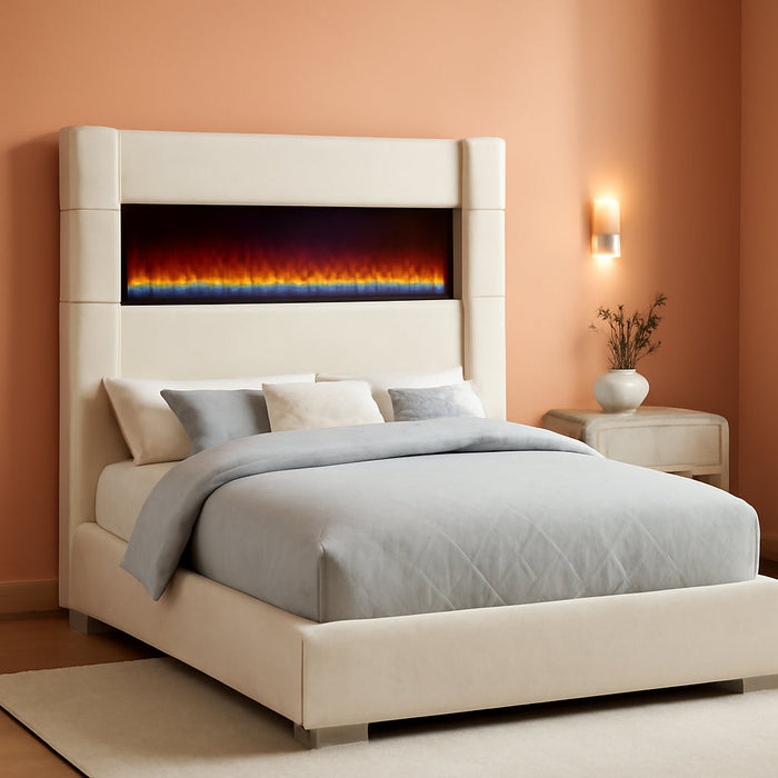 Home Furnishings - Tisdall - Wood and Fabric - Queen Bed with High Headboard and Integrated Flame Box with Color Options - Bedroom - Cream - 306032Q