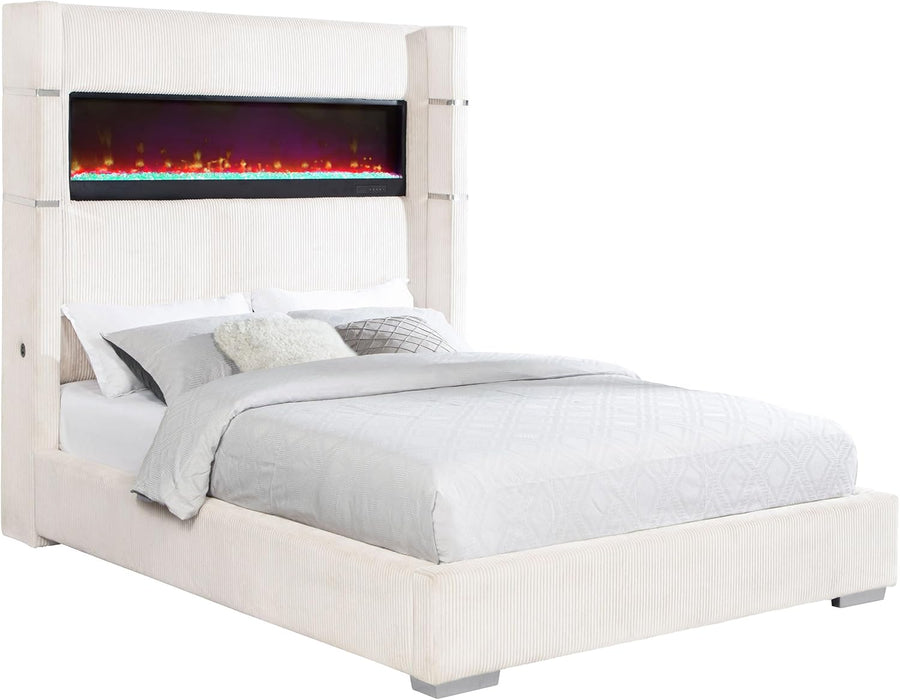 Home Furnishings - Tisdall - Wood and Fabric - Queen Bed with High Headboard and Integrated Flame Box with Color Options - Bedroom - Cream - 306032Q