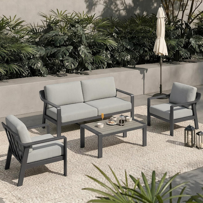 Aluminum Outdoor Patio Furniture Set with Coffee Table,4 Seater Patio Conversation Sets with Washable Thick Cushions,Outdoor Sectional Furniture Set for Poolside, Balcony,Gray Aluminum Frame