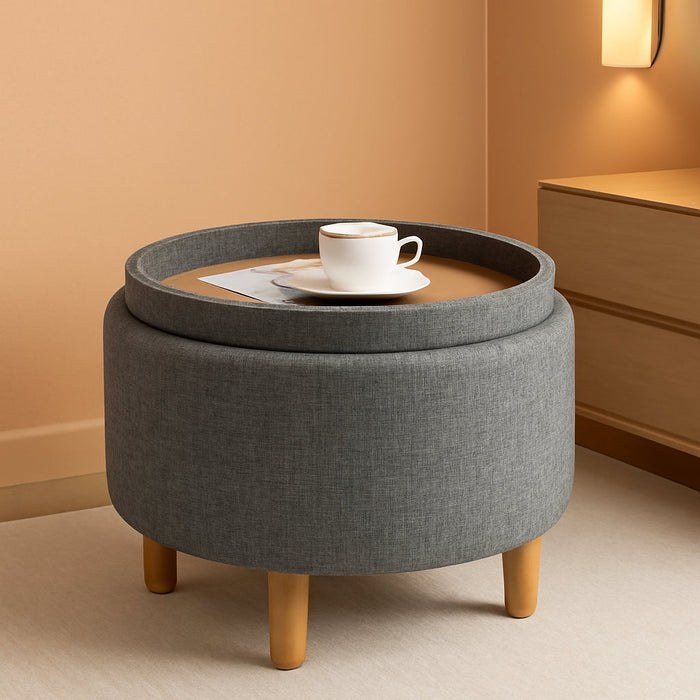 round Storage Ottoman with Tray Lid, Accent Storage Footstool W/Soft Padding, Fabric Sitting Stool W/Solid Wood Legs & Non-Slip Pads, Tray Top Coffee Table for Living Room, Bedroom (Grey)