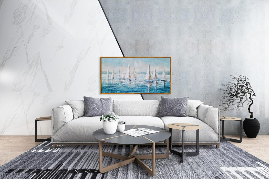 Sailing Ship Canvas Wall Art - Coastal Painting Boat Pictures Abstract Beach Ocean Artwork with Floating Framed Hand Painted Textured for Living Room Bedroom Bathroom Decor