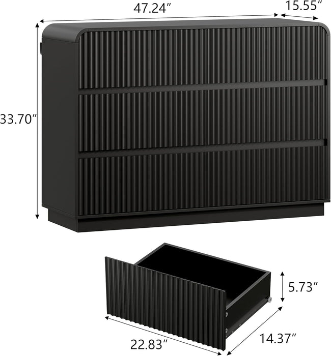 Black Dresser Fluted 6 Drawers Dresser for Bedroom, 47" Wide Wood Chest of Drawers with Hidden Handles & Rounded Corners, Modern TV Stand Storage Cabinet for Living Room, Hallway, Entryway