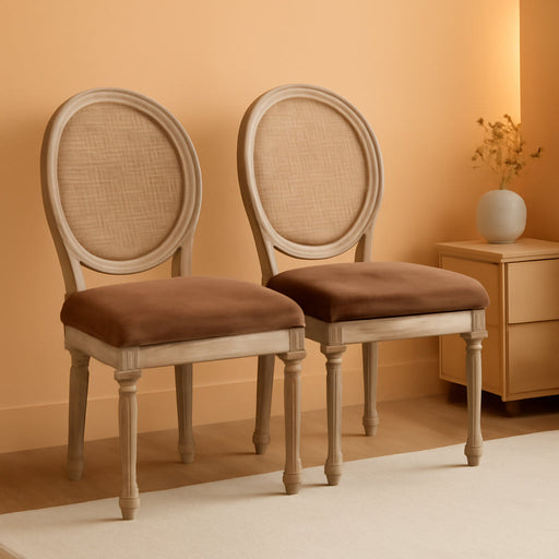 Farmhouse Leather Dining Chairs Set of 2 French Country Kitchen & Dining Room Chairs with round Mesh Rattan Back, Armless Upholstered Cane Kitchen Chairs for Restaurant/Living Room, Brown