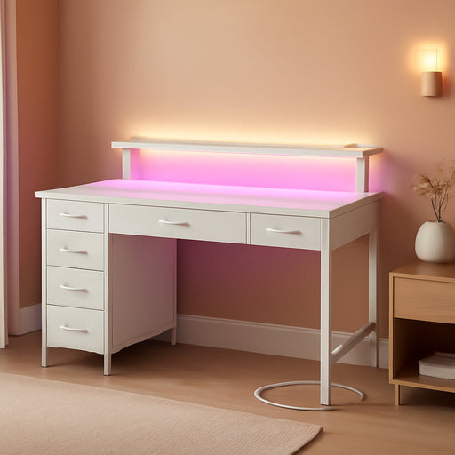 Computer Desk with Power Outlets & LED Light, 39 Inch Home Office Desk with 5 Drawers, Writing Desk with Monitor Stand, Work Desk for Home Office, White