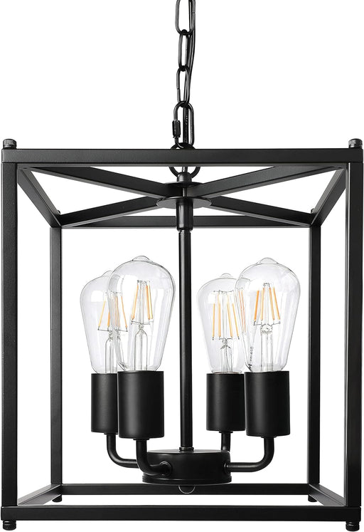 4-Light Black Farmhouse Chandelier, Iron Lantern Pendant Light Rustic Cage Adjustable Height, E26 Base Industrial Hanging Lights for Kitchen Island Dining Room Hallway Foyer Entryway