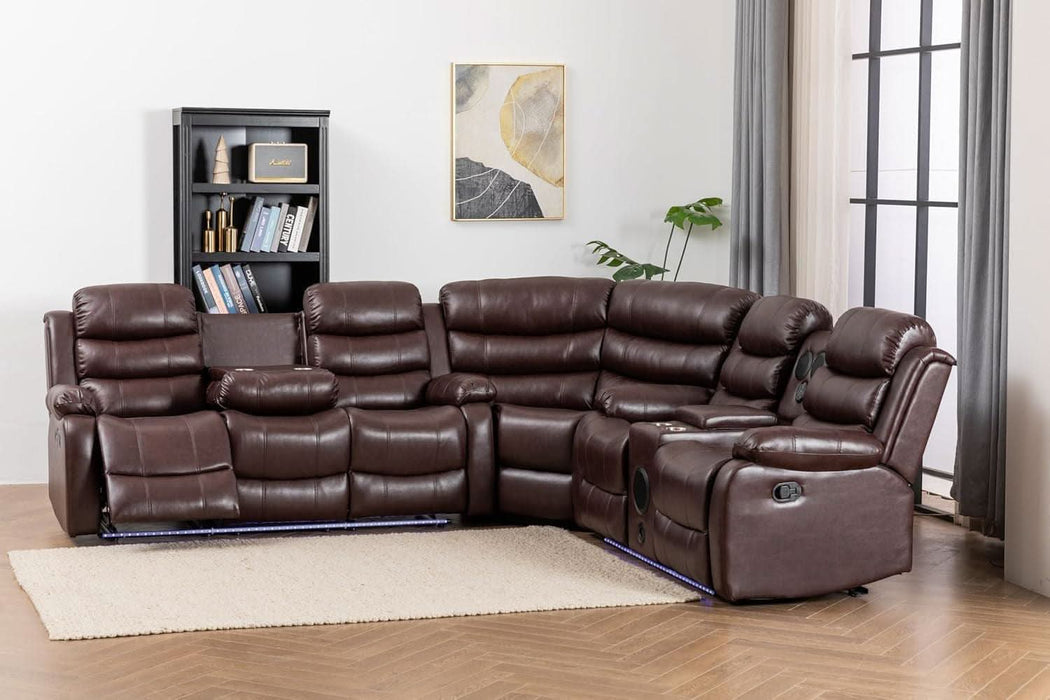 Faux Leather Living Room Set Modern Reclining Sectional Sofa with LED Light, USB Chargers, Sound System, 4Cup Holders, Hidden Storage, Brown