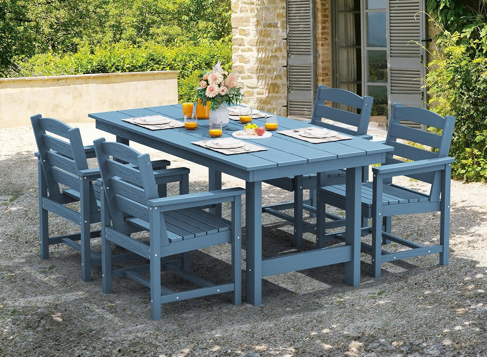 7-Piece Patio Dining Table Sets, Outdoor HDPE Dining Furniture Set with Umbrella Hole Cut-Out Table and 6 Chairs, Blue