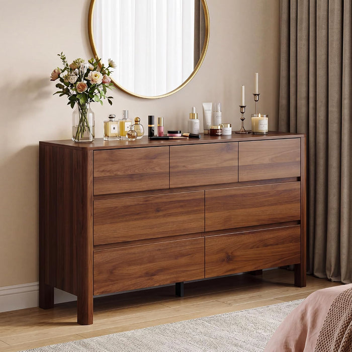Walnut Dresser for Bedroom, 51" Mid-Century 7 Drawer Dresser with Wide Drawers and Wood Legs, Curved Edge Design, Modern Large Dressers & Chests of Drawers for Bedroom, Hallway.