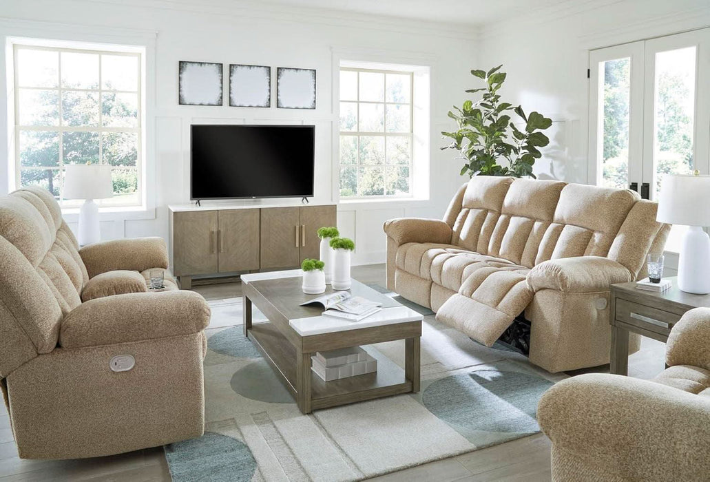 Tip-Off Classic Wall Hugger Power Reclining Sofa with Adjustable Headrest and USB Ports, Light Brown