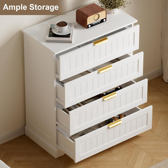 4 Drawer Dresser for Bedroom, Modern Farmhouse Wood Chest of Drawers with Metal Handles, Spacious Storage Drawers for Closet, Living Room, Entryway, White
