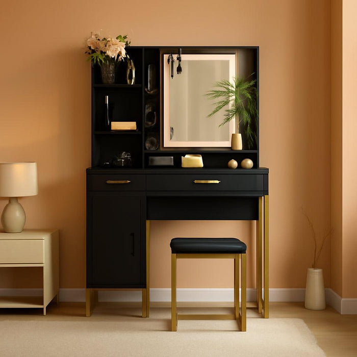 Makeup Vanity Desk, Vanity Desk with Lights in 3 Colors, Vanity Table with Charging Station, Visible Drawers, Black