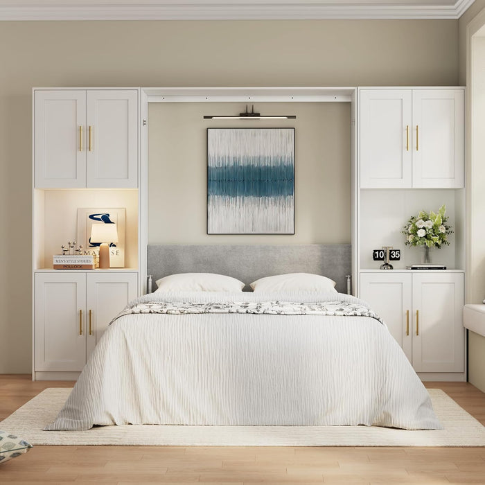 Farmhouse Murphy Bed Queen, 85" Wall Bed Folds to save Space, Concealed Bed Frame with 2 Storage Cabinets and Wall Mounted Features for Apartment/Office/Guest Room
