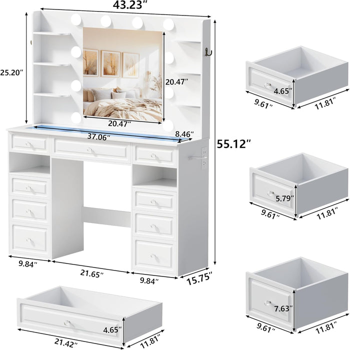 Vanity Desk With GlassTop Illuminated Mirror Drawers