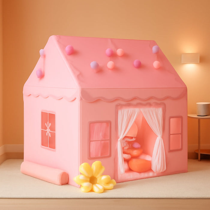 Large Kids Tent Playhouse Basic Mat with Star Lights, Flags and Tote Bags, Play Tent Indoor & Outdoor, Washable Teepee Tent for Boys & Girls, Kids Play House for Toddler（Pink）