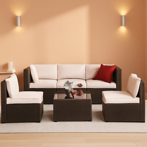 6 Pieces Patio Furniture Set Outdoor Couch Wicker Sectional Sofa, Beige