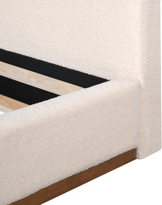 Bettine Boucle Queen Size Bed, Boucle Headboard and Footboard, Rectangular Queen Size Headboard, Slat Panel Support Platform Bed, No Spring Box Needed, Easy Assembly, White