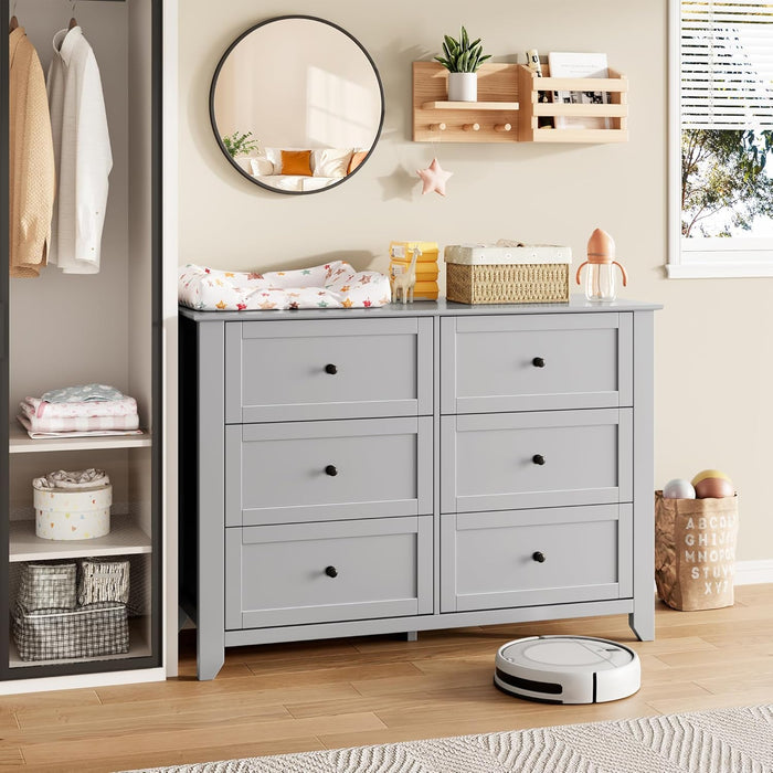 Grey 6 Drawer Dresser for Bedroom, Large Dresser with Deep Drawers & Metal Knobs, Modern Wooden Chests of Drawers for Entryway, Hallway