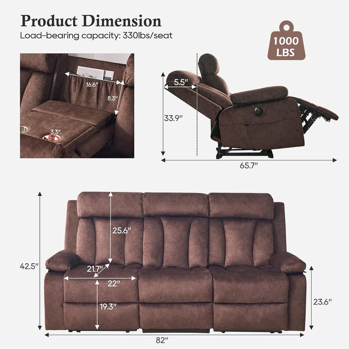 Power Reclining Sofa with Heat&Massage, Reclining Couch with Multi-Function Console/Usb Ports/Type C, Wall Hugger 3 Seater-Sofa Recliner, Reclining Sofa Couch for Living Room