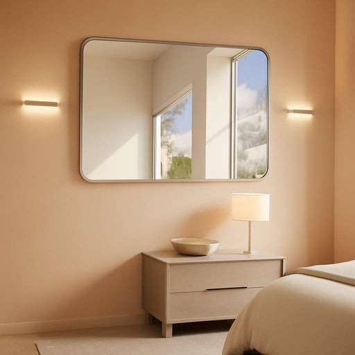 48X30 Inch Silver Bathroom Mirror, Metal Framed Silver Rectangle Mirrors, Rounded Rectangular Vanity Mirror, Wall Mounted Mirrors for Living Room Bedroom Entryway Hangs Horizontal or Vertical