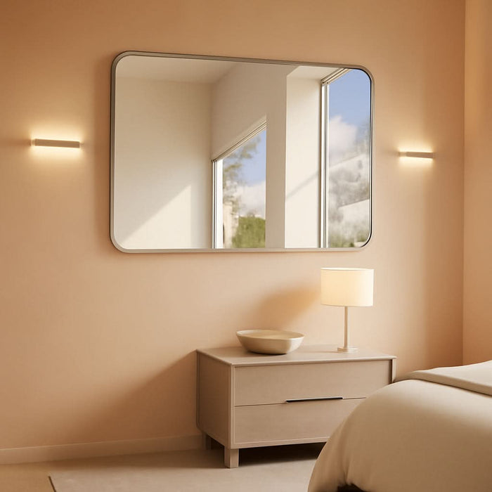 48X30 Inch Silver Bathroom Mirror, Metal Framed Silver Rectangle Mirrors, Rounded Rectangular Vanity Mirror, Wall Mounted Mirrors for Living Room Bedroom Entryway Hangs Horizontal or Vertical