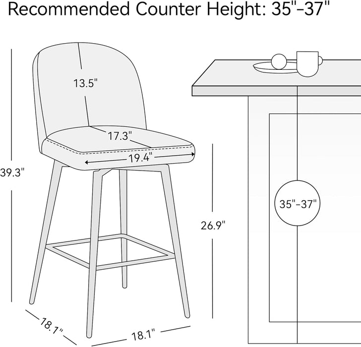 Counter Height Bar Stools Set of 3, 26 Inch Upholstered 360°Swivel Barstools with Back and Metal Legs, Linen Fabric Counter Stools for Kitchen Island, Dining Room, Pub, Light Grey