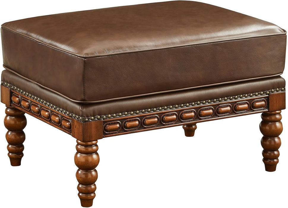 Microfiber Leather Ottoman with Wood Rome Turned Legs and Nailhead Trim, Big Footstool with Decorative Base for Bedroom, Living Room(Light Brown)