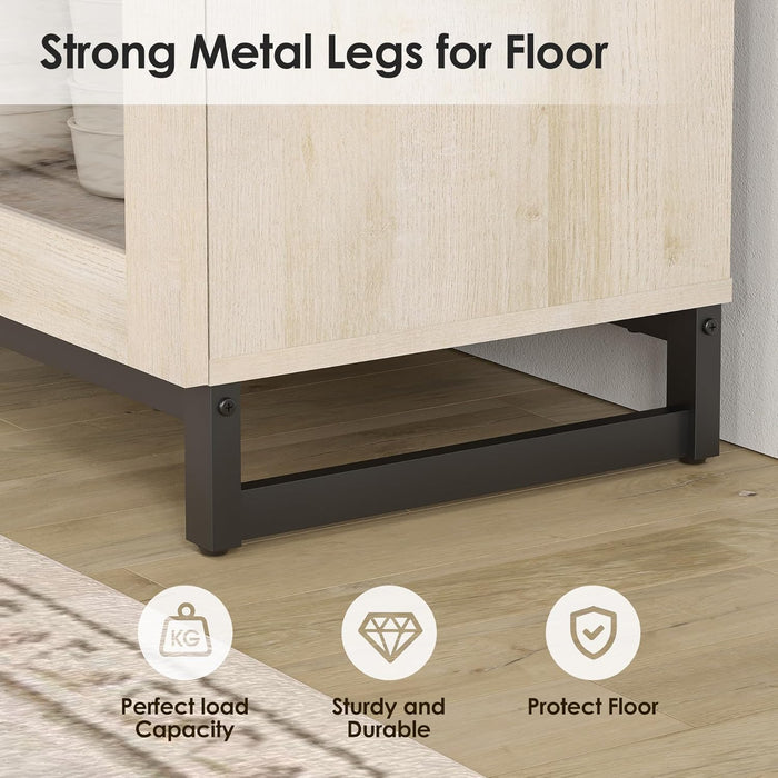 Modern TV Stand with Glass Doors for 110 Inch Tvs, 3 in 1 Entertainment Center Console with Adjustable Shelves and Metal Base for Living Room, Bedroom, Light Oak