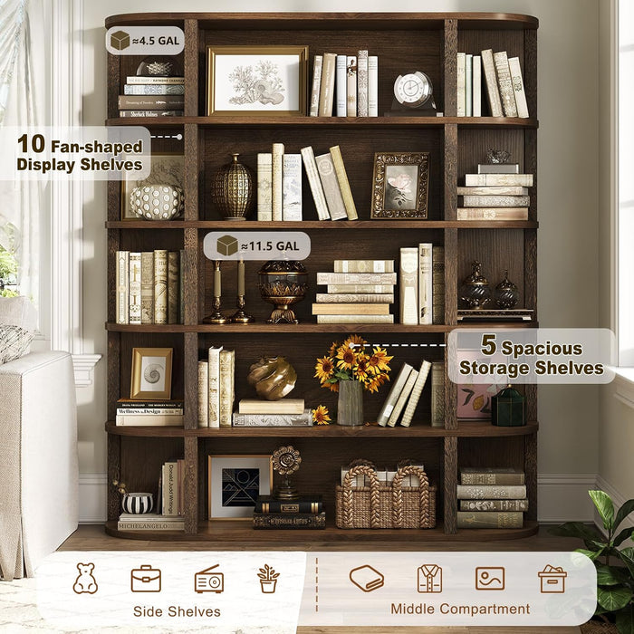 5-Tier Wood Book Shelf, 47" Wide Large Bookshelf and Bookcase, 62" Tall Bookshelf with Curved Side Shelves, Freestanding Wood Display Book Shelves for Living Room, Home Office, Walnut