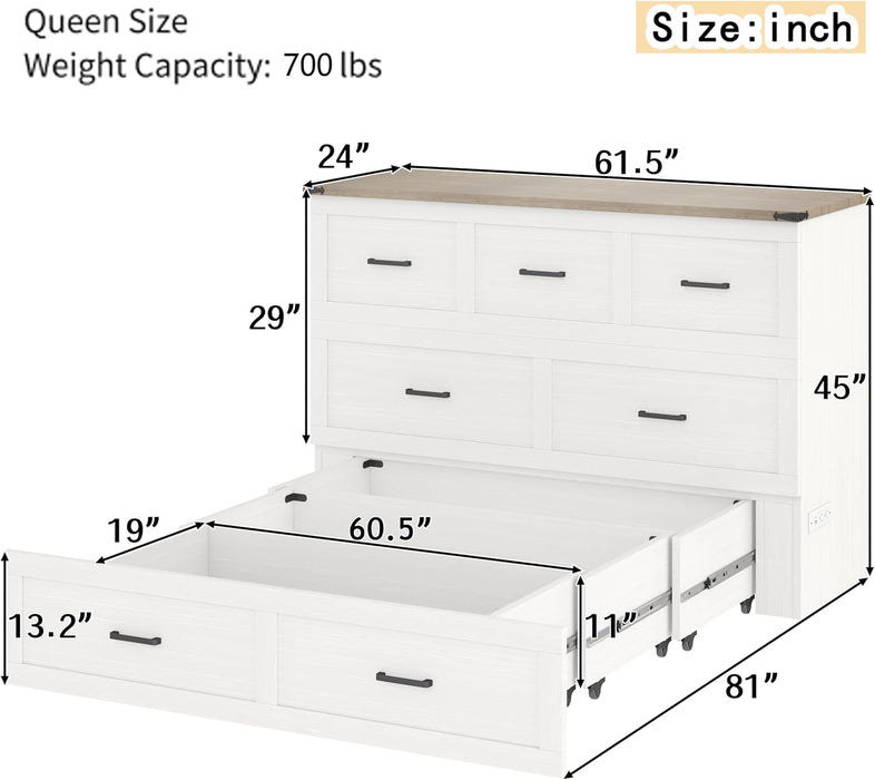 Murphy Bed Queen Size,Hideaway Wall Cabinet Bed with Charging Station and 1 Large Storage Drawer,Multi-Functional Foldable Platform Beds Frame,Can Be Folded,For Apartment,Bedroom,White