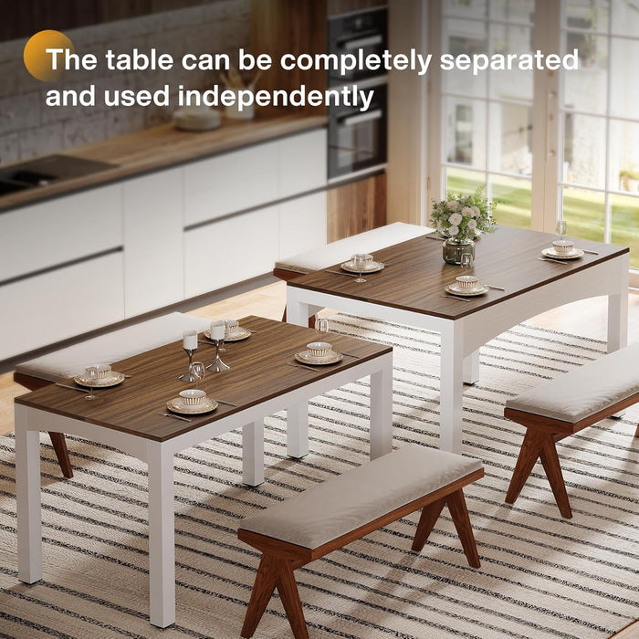 47”-95” Extendable Dining Table, Long Wood Kitchen Table with Heavy-Duty Metal Frame, Farmhouse Large Rectangular Dinner Table for Dining Room, Brown & White