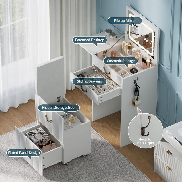 3-In-1 Vanity with Flip Mirror & Lights, Fluted Compact Vanity Table with 3 Drawers, Storage Compartment and Rolling Stool, Modern Small Makeup Vanity for Bedroom, Powder Room, Solid White