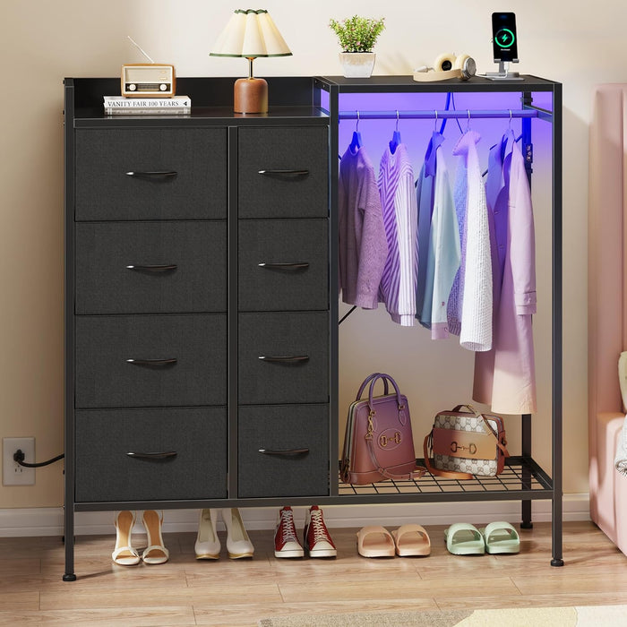 8-Drawer Dresser with Hanging Rack for Bedroom, Black, 11.8" D