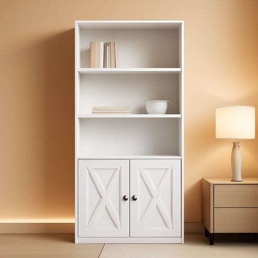 Bookshelf, Industrial Bookshelves and Bookcases with Doors Floor Standing 6 Shelf Display Storage Shelves 70.6 Inches Tall Bookcase for Home Office, Living Room (White)