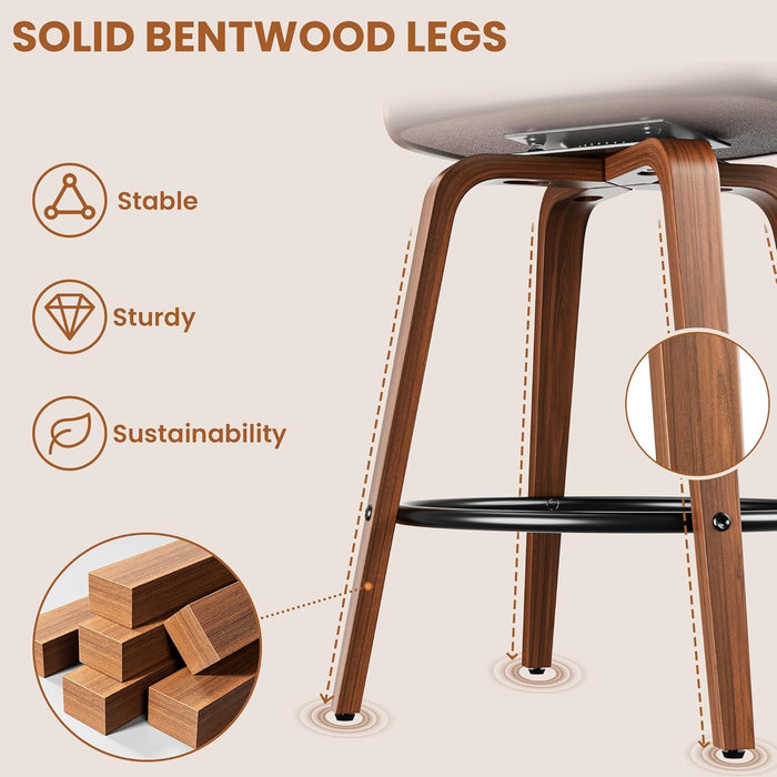 Bar Stools Set of 2, 26" Counter Height Barstools with Bentwood Legs, Swivel Counter Stools with Back, Mid Century Modern Faux Leather Upholstered Barstools for Kitchen Island, Brown