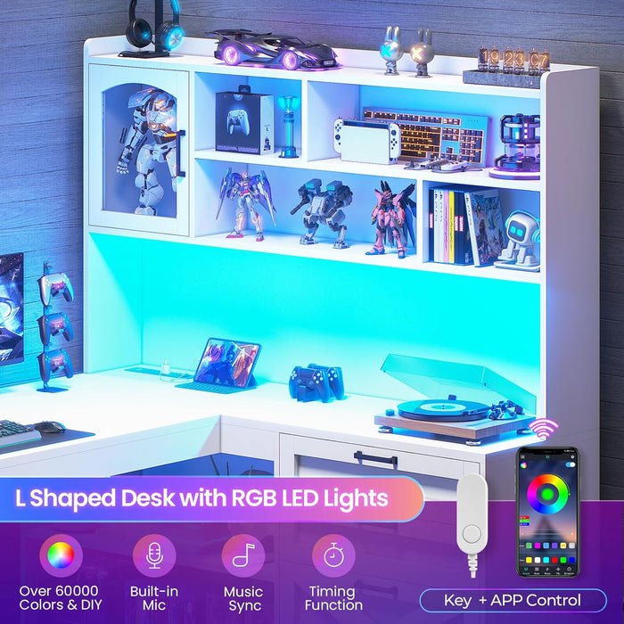 Farmhouse L Shaped Office Desk with Drawers, 61” Computer Desk with Storage Shelves and Power Outlet, Corner Gaming Desk with LED Light and Display Cabinet for Home Office (White)