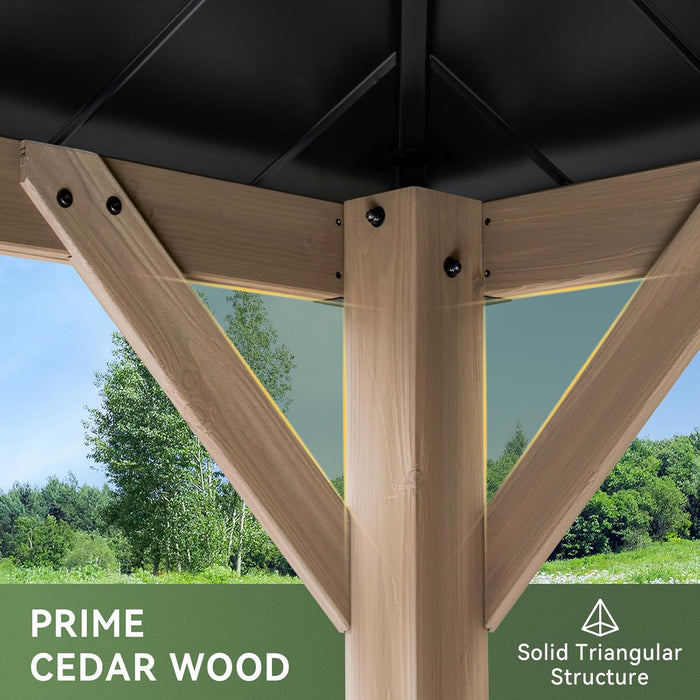 10' X 12' Outdoor Wood Gazebo, Hardtop Gazebo Permanent Wooden Pavilion with Galvanized Steel Double Roof, for Garden, Backyard, Patio, Cedar Wood, Grey