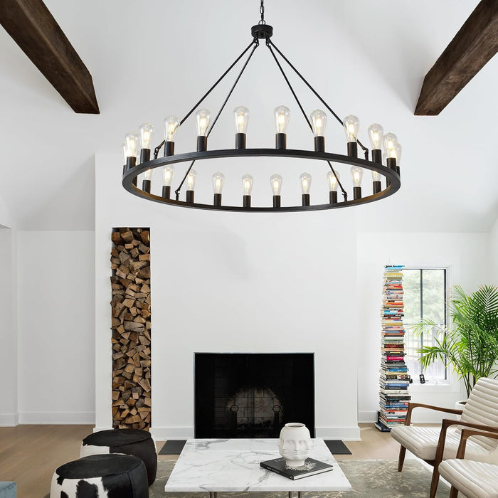 48-Inch Wagon Wheel Chandelier Black Outdoor Fixture