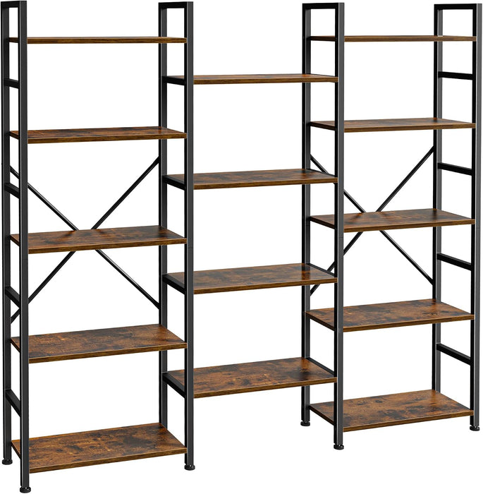 Triple Bookshelf, Bookcase with 14 Open Display Shelves, Wide Book Shelf Book Case for Home & Office, 5 Tier, Brown