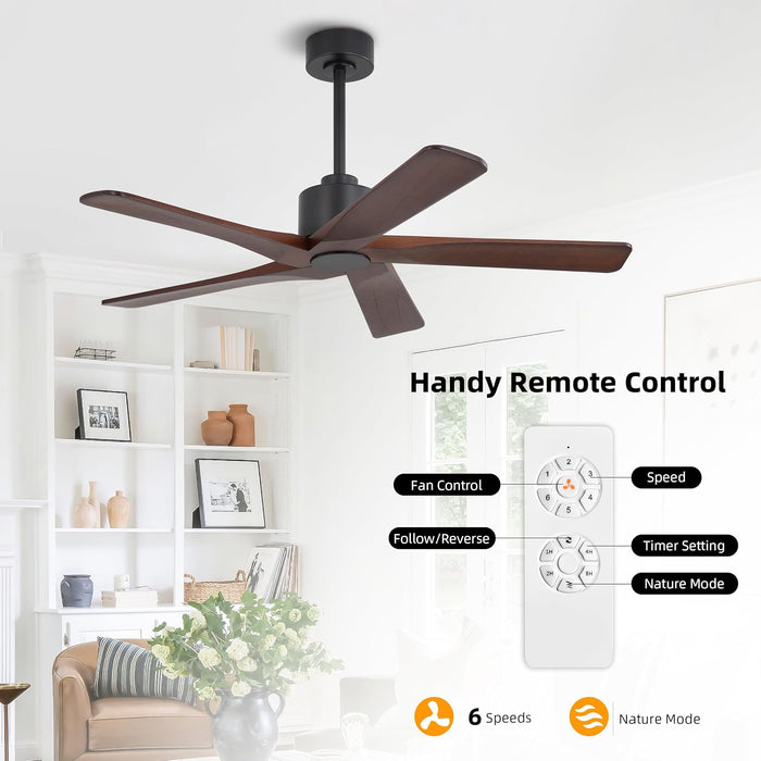 48" DC Ceiling Fan No Light - 5 Carved Solid Wood Blades, 6-Speed Reversible DC Motor, Ceiling Fan without Lights for Living Room Bedroom Kitchen Patio, Indoor and Outdoor, Black and Walnut