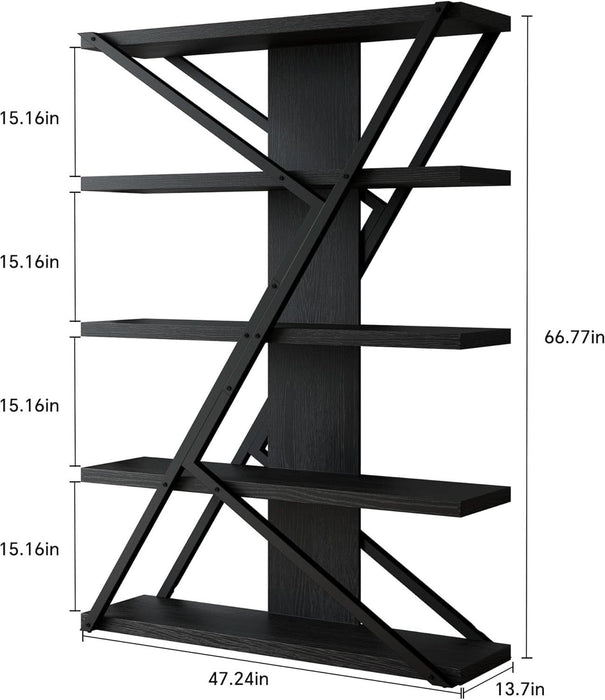 Industrial Bookshelf, Vintage 5-Tier Tall Bookcase with Wood and Metal Frame, Rustic Large Display Shelf for Home Office, 72" H X 47" L X 12" W, Black