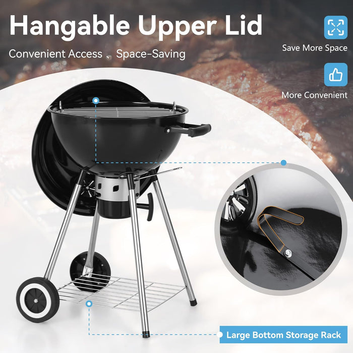 18 Inch Kettle Charcoal BBQ Grill with Wheels, Portable Charcoal Grill with Porcelain-Enameled Lid & Ash Catcher for Outdoor Cooking Barbecue Camping Picnics Tailgating, Black