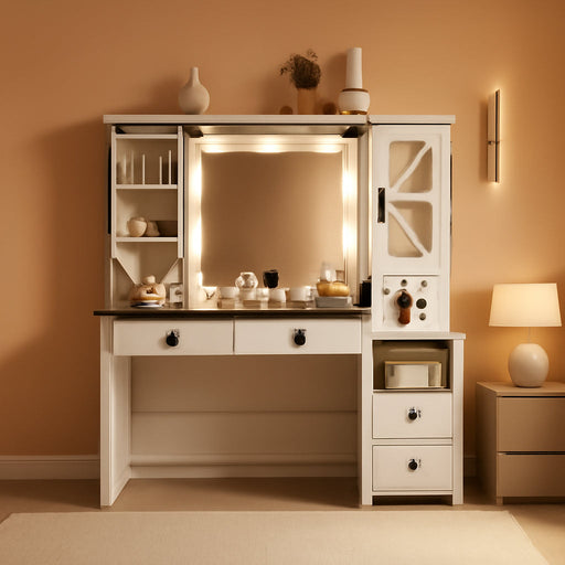 Farmhouse Makeup Vanity Desk with Sliding HD Mirror and Lights, White Vanity Table with 4 Drawers & RGB Cabinets, Jewelry Organizer, Farmhouse Style for Bedroom, Antique White