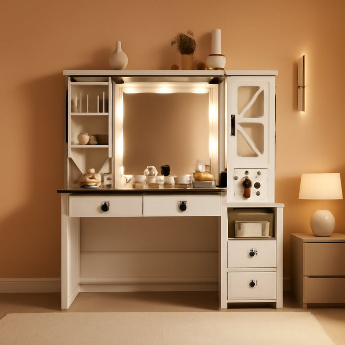 Farmhouse Makeup Vanity Desk with Sliding HD Mirror and Lights, White Vanity Table with 4 Drawers & RGB Cabinets, Jewelry Organizer, Farmhouse Style for Bedroom, Antique White
