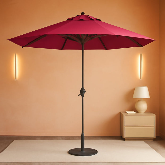 12-Year Protection 9' Rd Aluminum Patio Umbrella, Crank Lift, Auto Tilt, Black Finish, Sunbrella Hot Pink